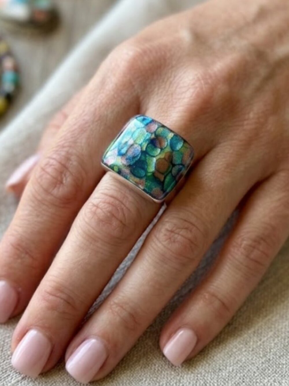 Sterling silver chunky Dichronic glass ring